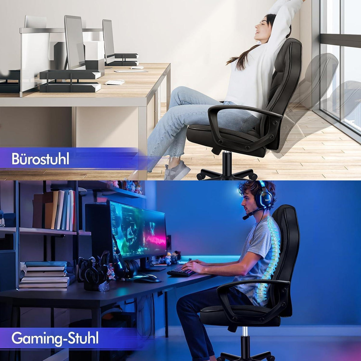 Ergonomischer Gaming-Stuhl mit mittlerer Rückenlehne, Stoff, Schwarz in Lederoptik