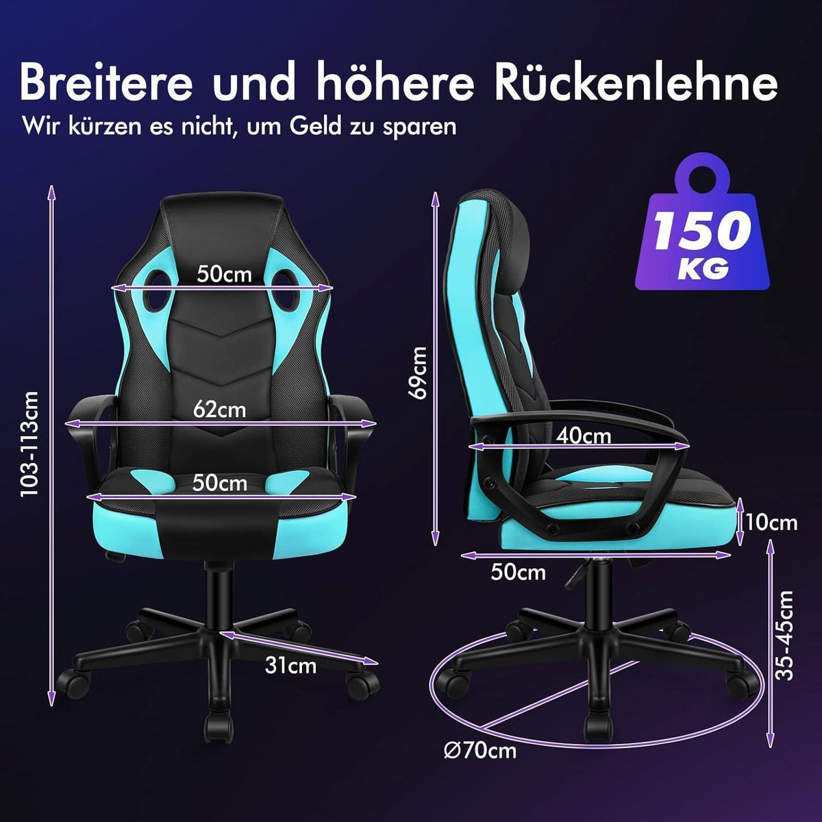 Ergonomischer Gaming-Stuhl mit mittlerer Rückenlehne, Cyan