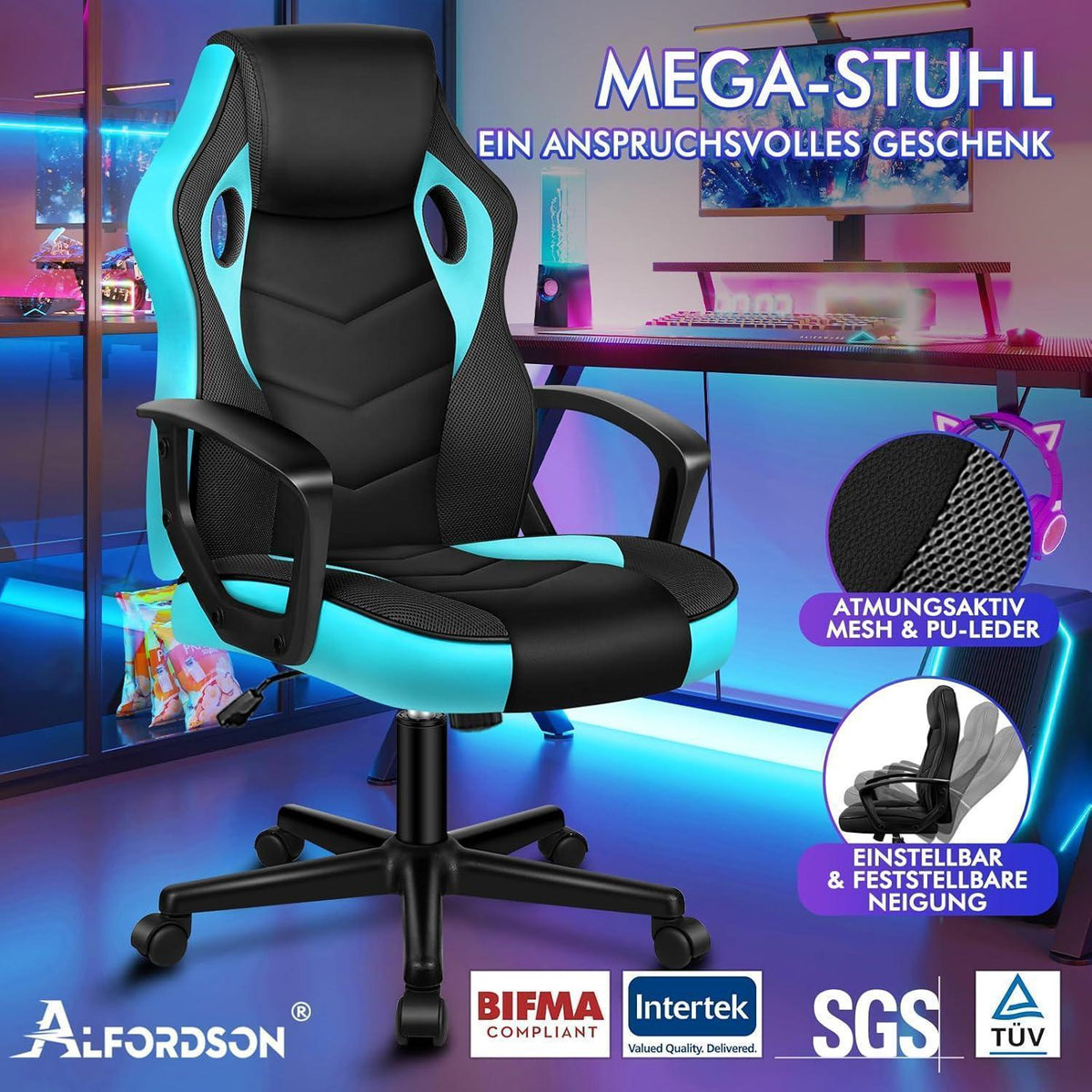 Ergonomischer Gaming-Stuhl mit mittlerer Rückenlehne, Cyan