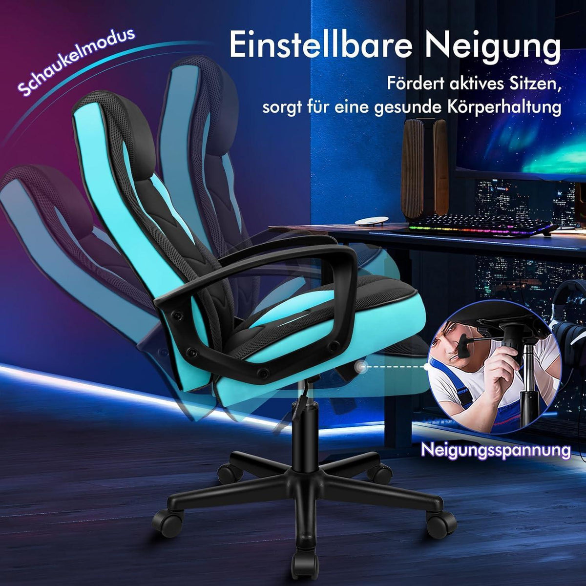 Ergonomischer Gaming-Stuhl mit mittlerer Rückenlehne, Cyan