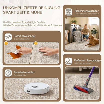 Runder Teppich Beige 120cm – Vintage Kurzflor, Waschbar