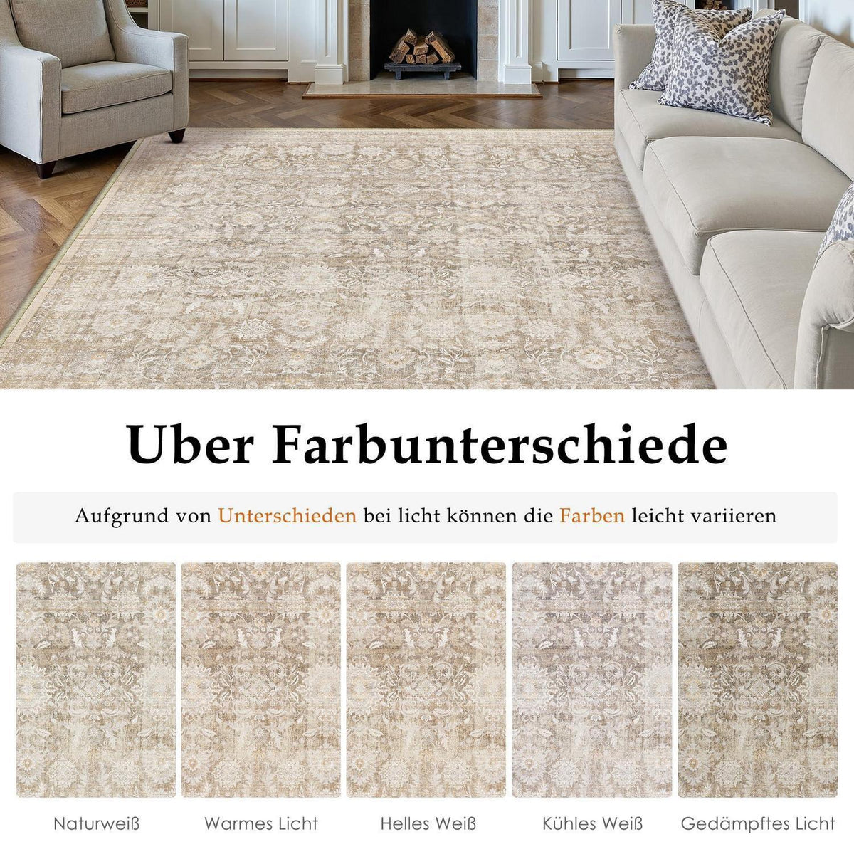Runder Teppich Beige 120cm – Vintage Kurzflor, Waschbar