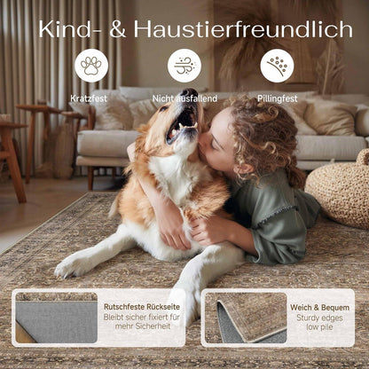 Vintage Teppich Braun 200x300cm Waschbar & Rutschfest