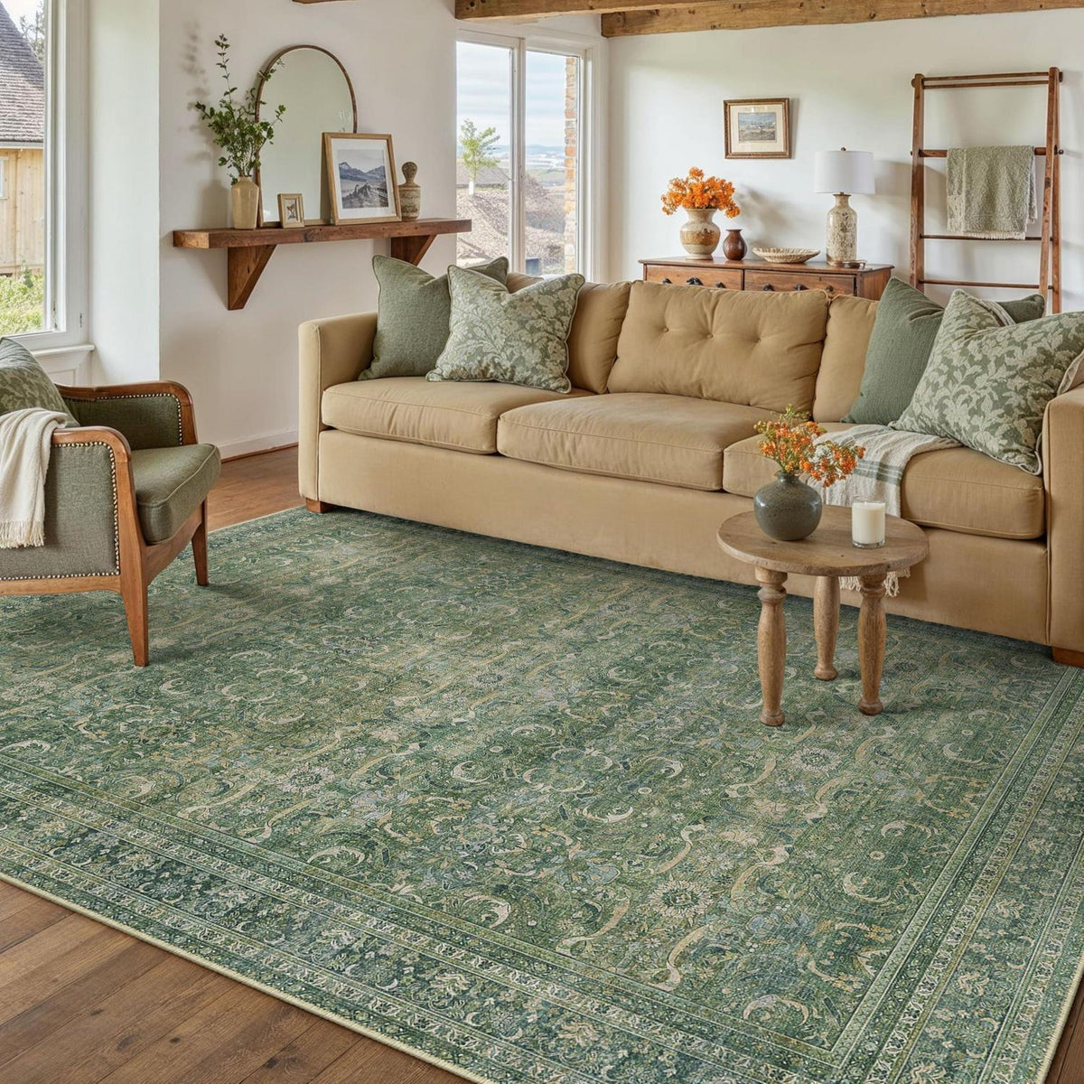 Grüner Vintage Teppich 160x230cm – Waschbar & Rutschfest