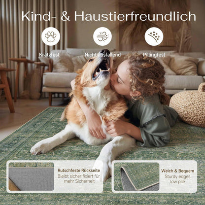 Vintage Grün Teppich 200x300cm Waschbar – Wohnzimmer & Schlafzimmer