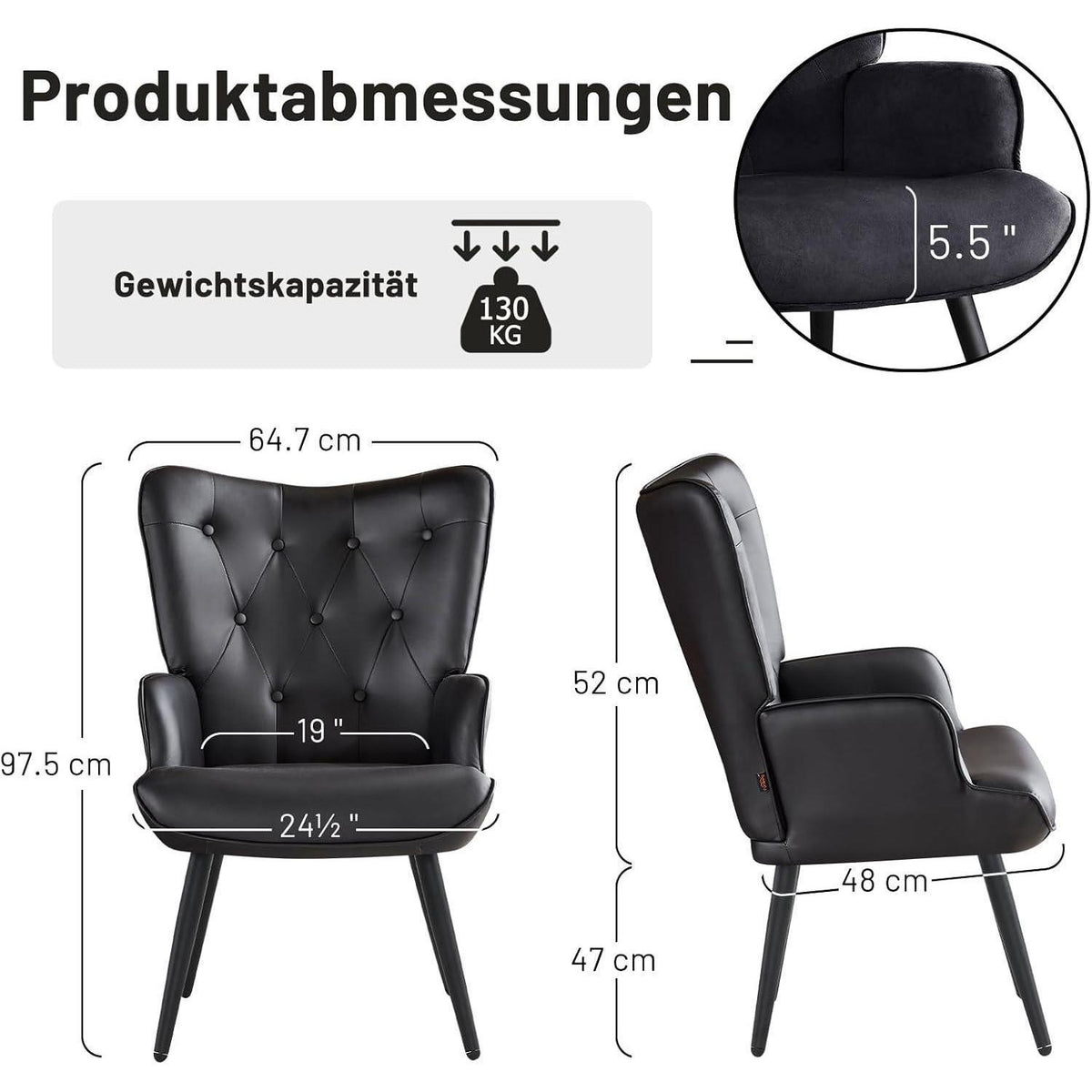 Ohrensessel Schwarz – Skandinavischer Relaxsessel mit PU-Leder