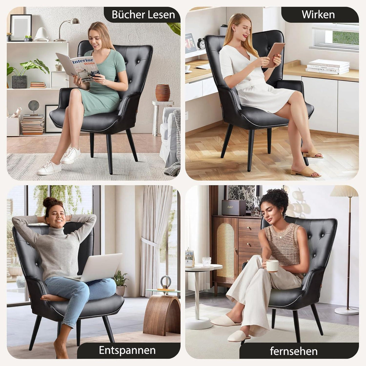 Ohrensessel Schwarz – Skandinavischer Relaxsessel mit PU-Leder