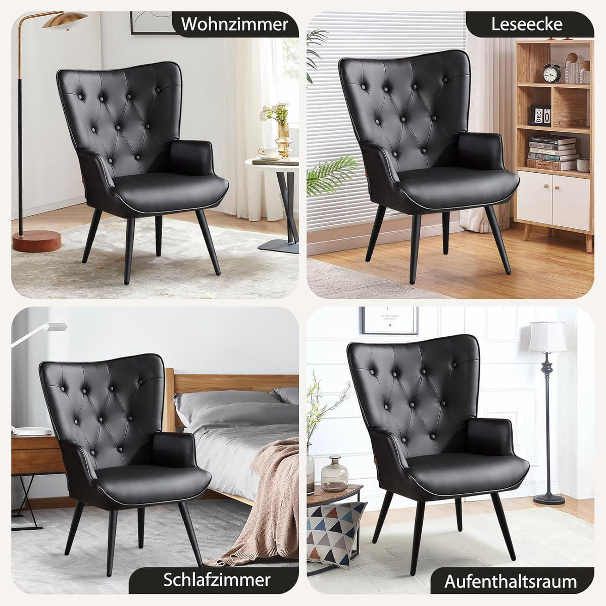 Ohrensessel Schwarz – Skandinavischer Relaxsessel mit PU-Leder