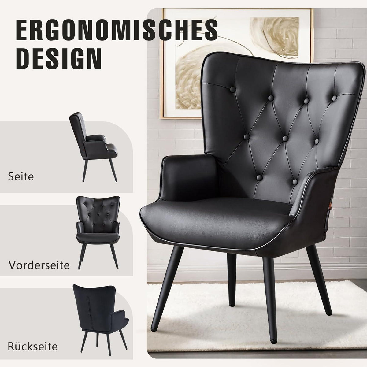 Ohrensessel Schwarz – Skandinavischer Relaxsessel mit PU-Leder