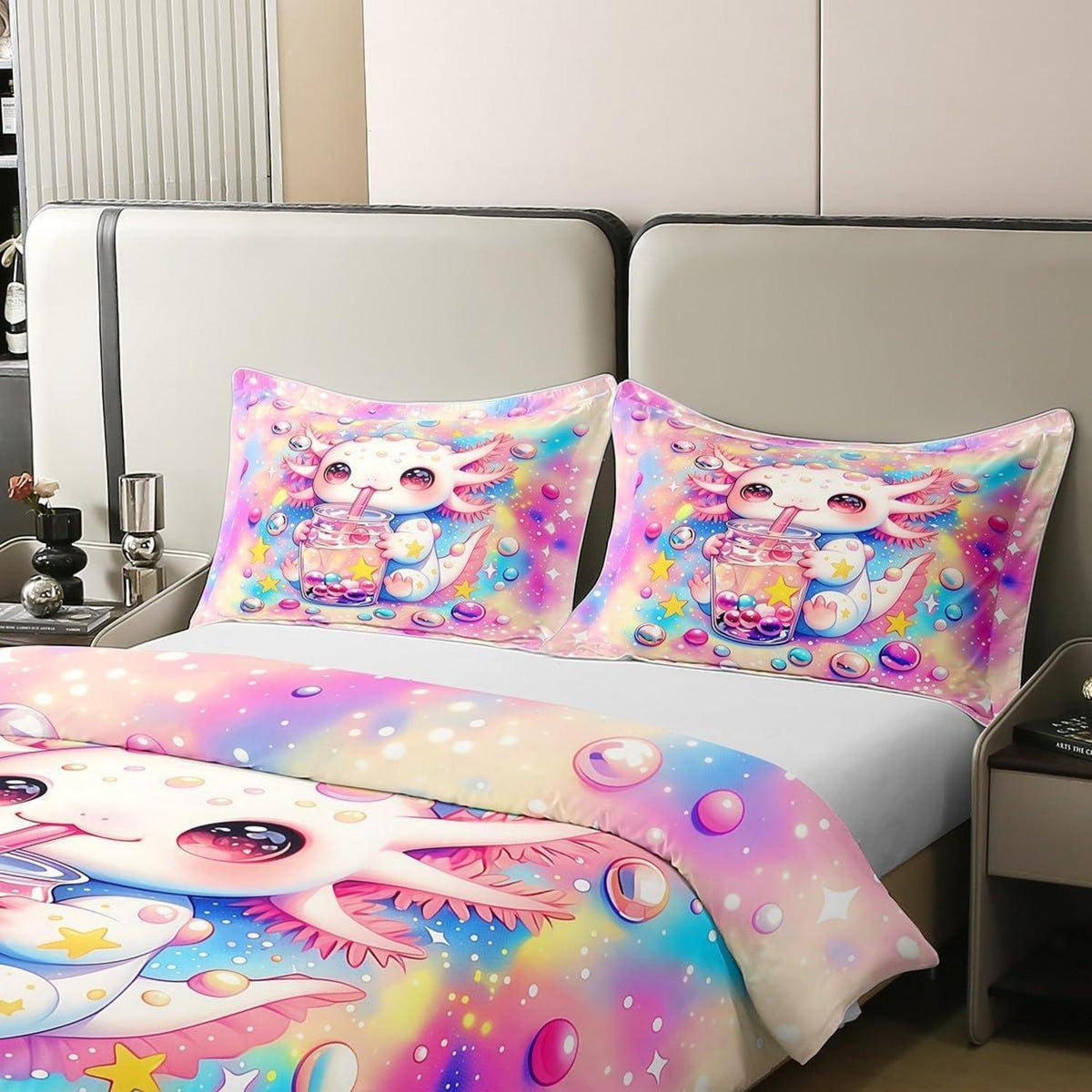 Axolotl Bettwäsche Set Baumwolle 220x240 Rosa Lila Blau