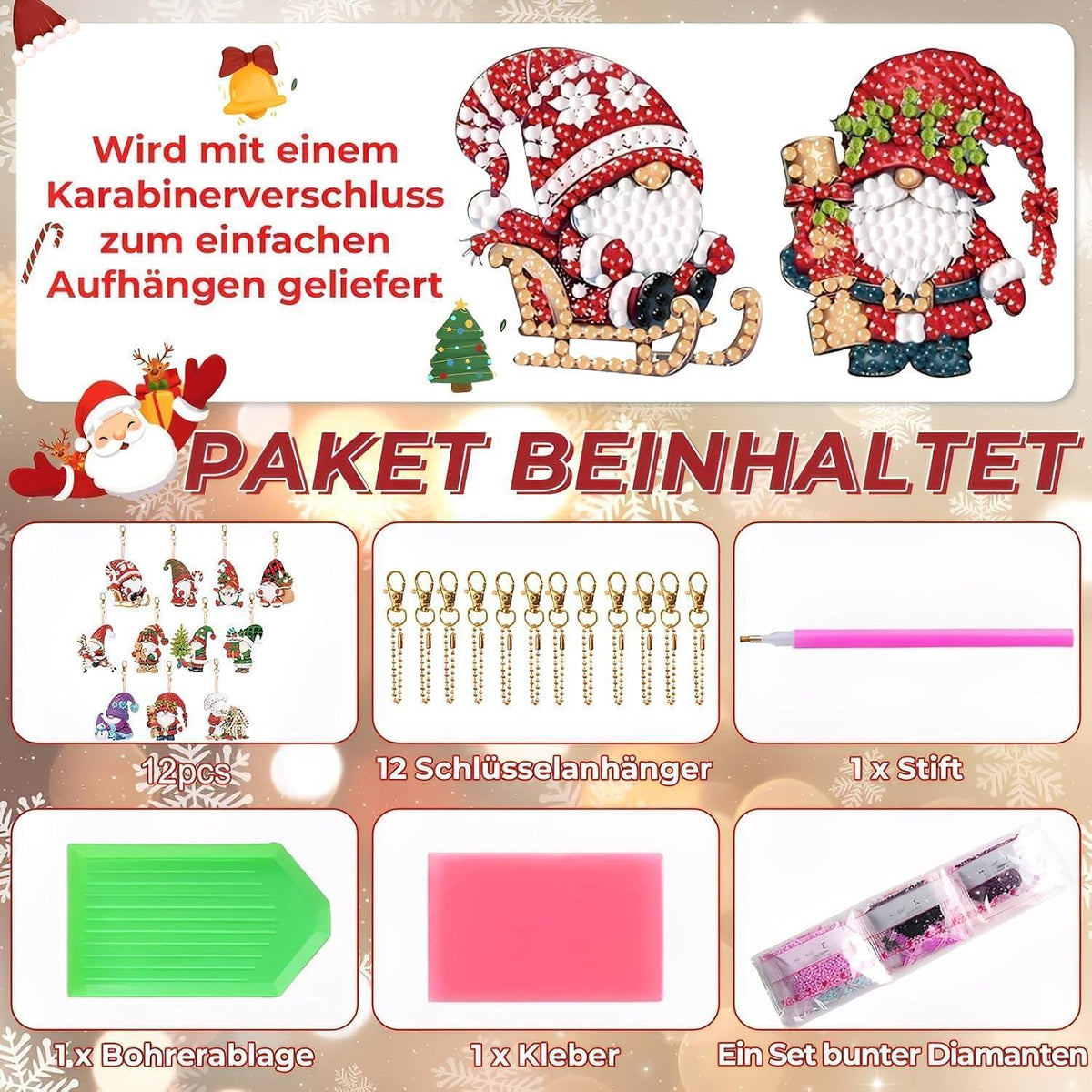 Diamant Painting Weihnachten Anhänger Set – 12 Wichtel zum Basteln