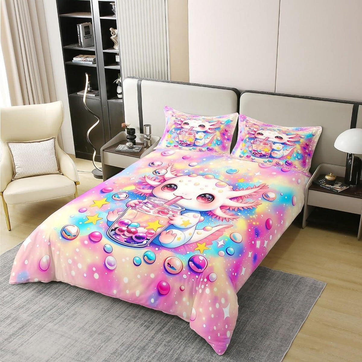 Axolotl Bettwäscheset Baumwolle 200x200 Regenbogen Kawaii