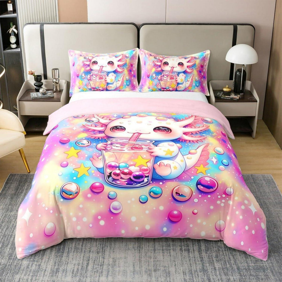Axolotl Bettwäsche Baumwolle 155x220 Regenbogen Kawaii Bettbezug