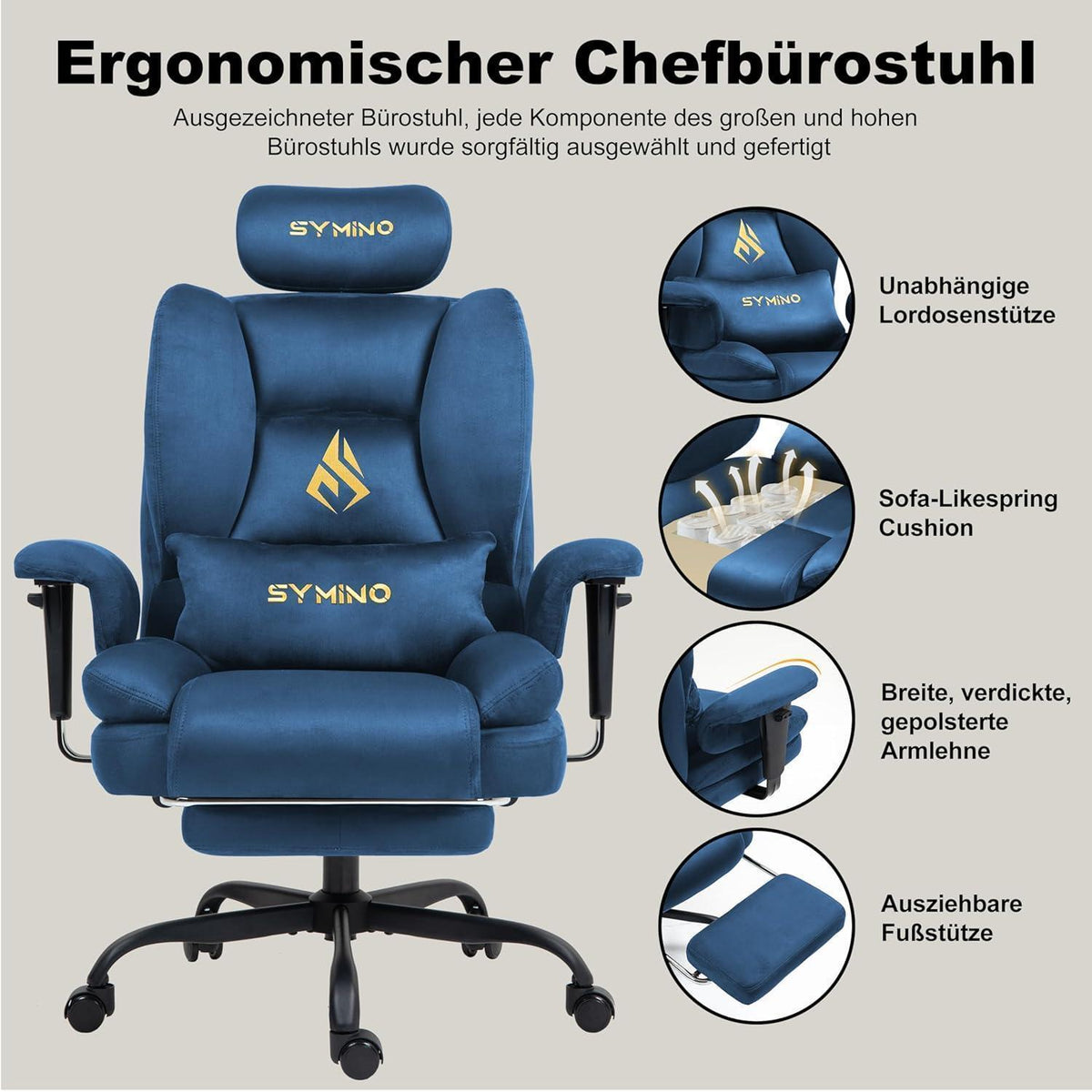 Gaming Stuhl mit Fußstütze, Blau Wildlederimitat
