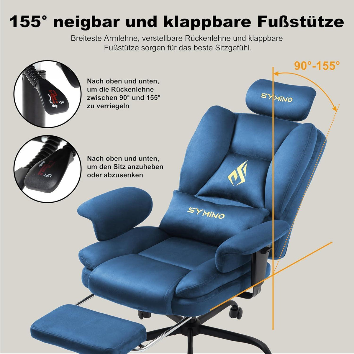 Gaming Stuhl mit Fußstütze, Blau Wildlederimitat