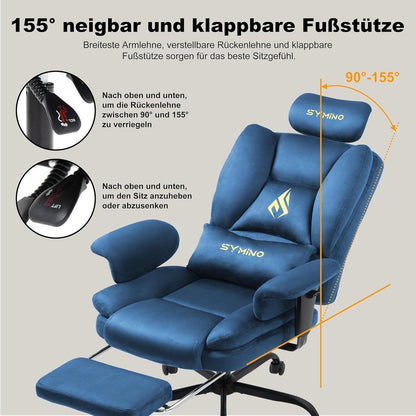 Gaming Stuhl mit Fußstütze, Blau Wildlederimitat