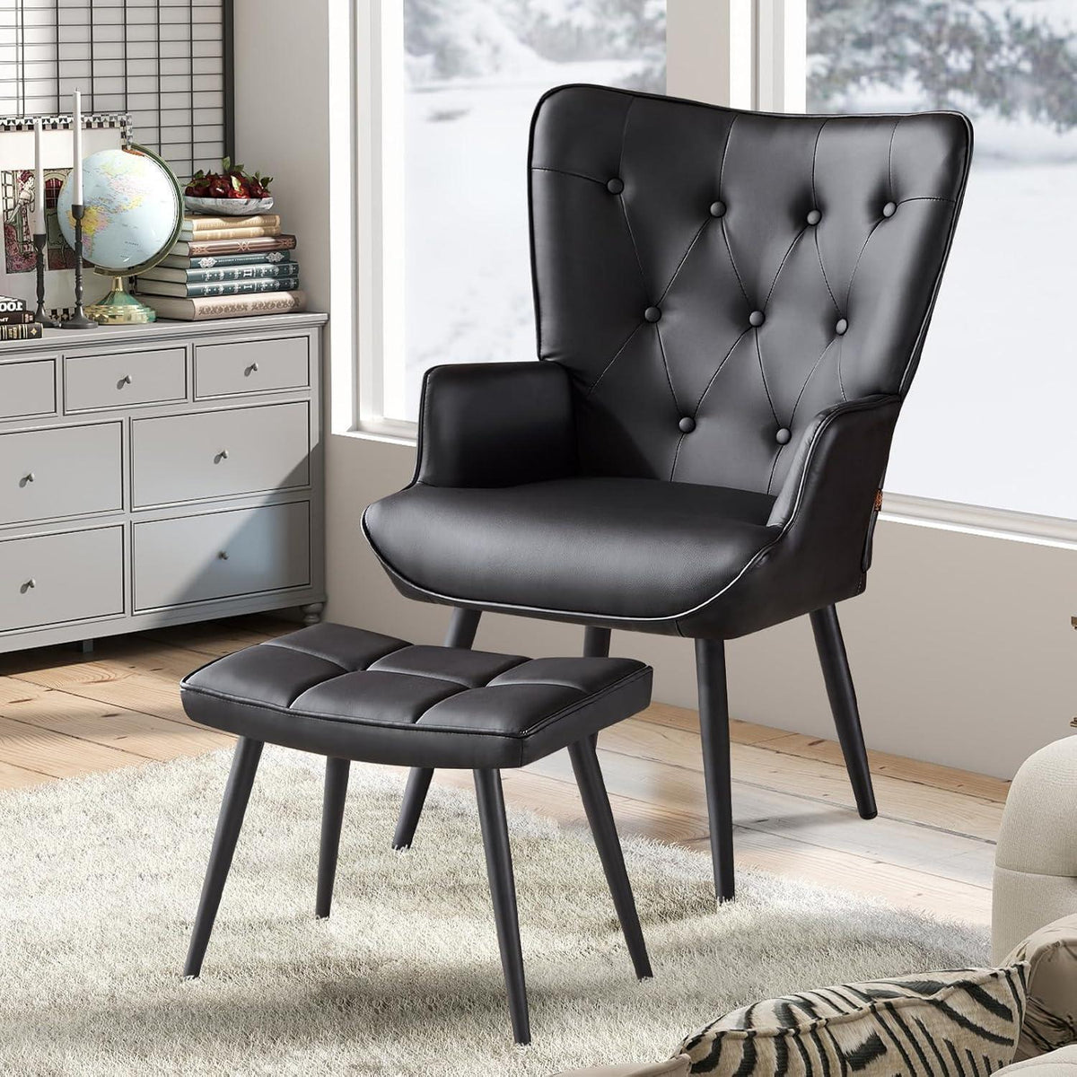 Ohrensessel mit Hocker, Schwarz – Bequemer Relaxsessel für Wohnzimmer