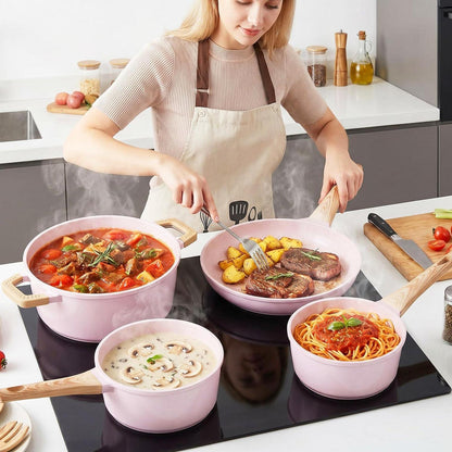 7-teiliges Kochgeschirr-Set Rosa mit Granitmuster & Induktion