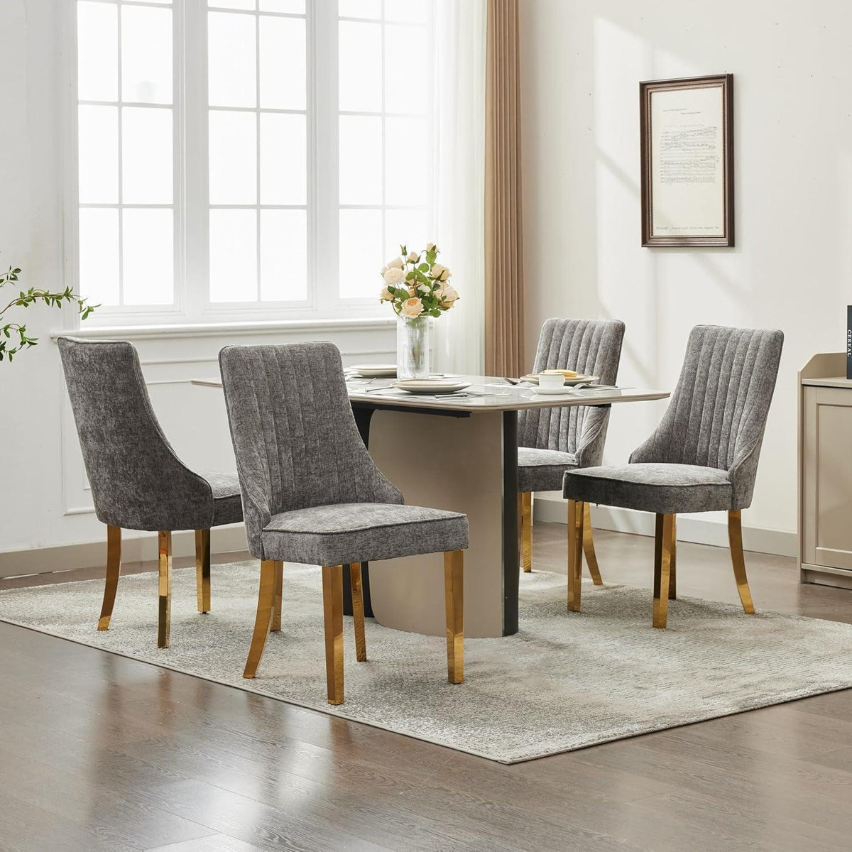 Esszimmerstühle 4er Set Grau mit Edelstahlbeinen & Chenille-Stoff