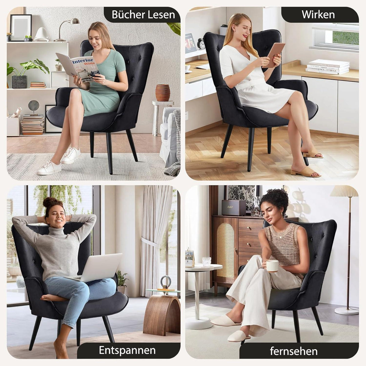 Ohrensessel 2er Set Schwarz – Skandinavischer Samt Relaxsessel