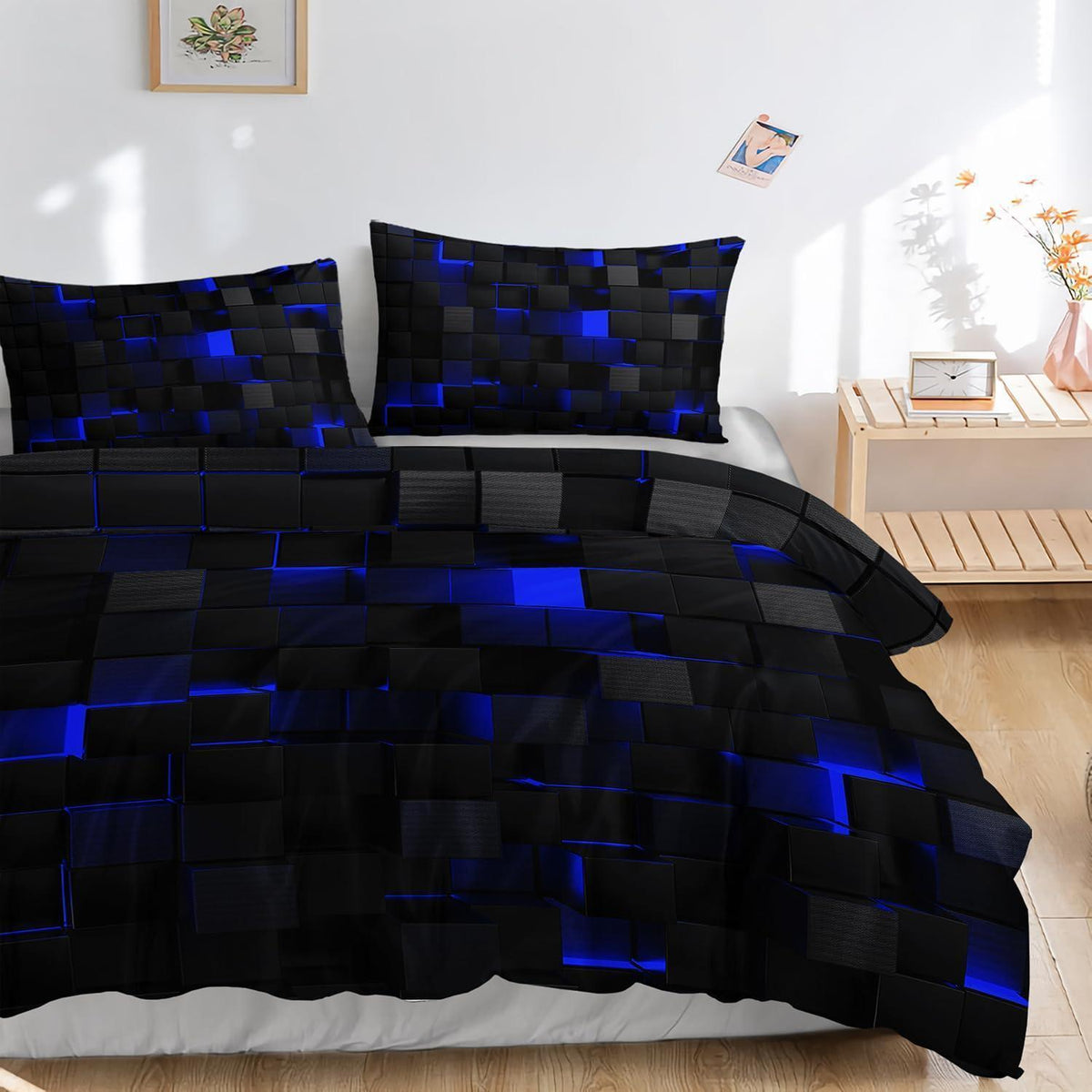 Würfel 3D Bettwäsche-Set Schwarz Blau 155x220cm