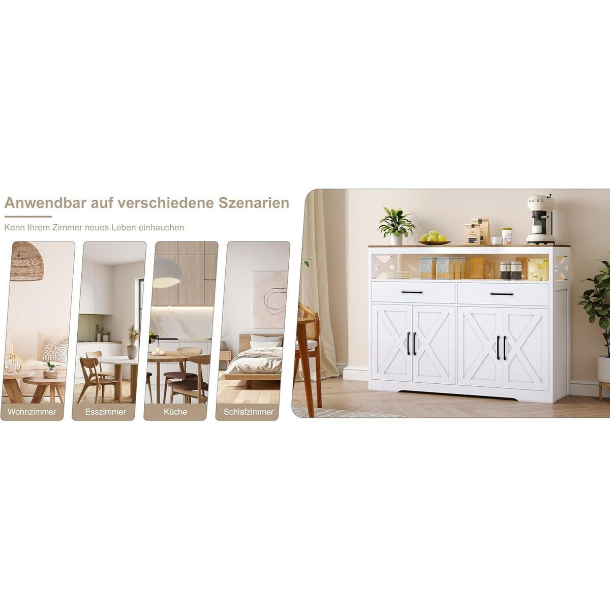 Weißes Sideboard mit 2 Schubladen & 4 Türen – Küchenschrank 140x40x105cm