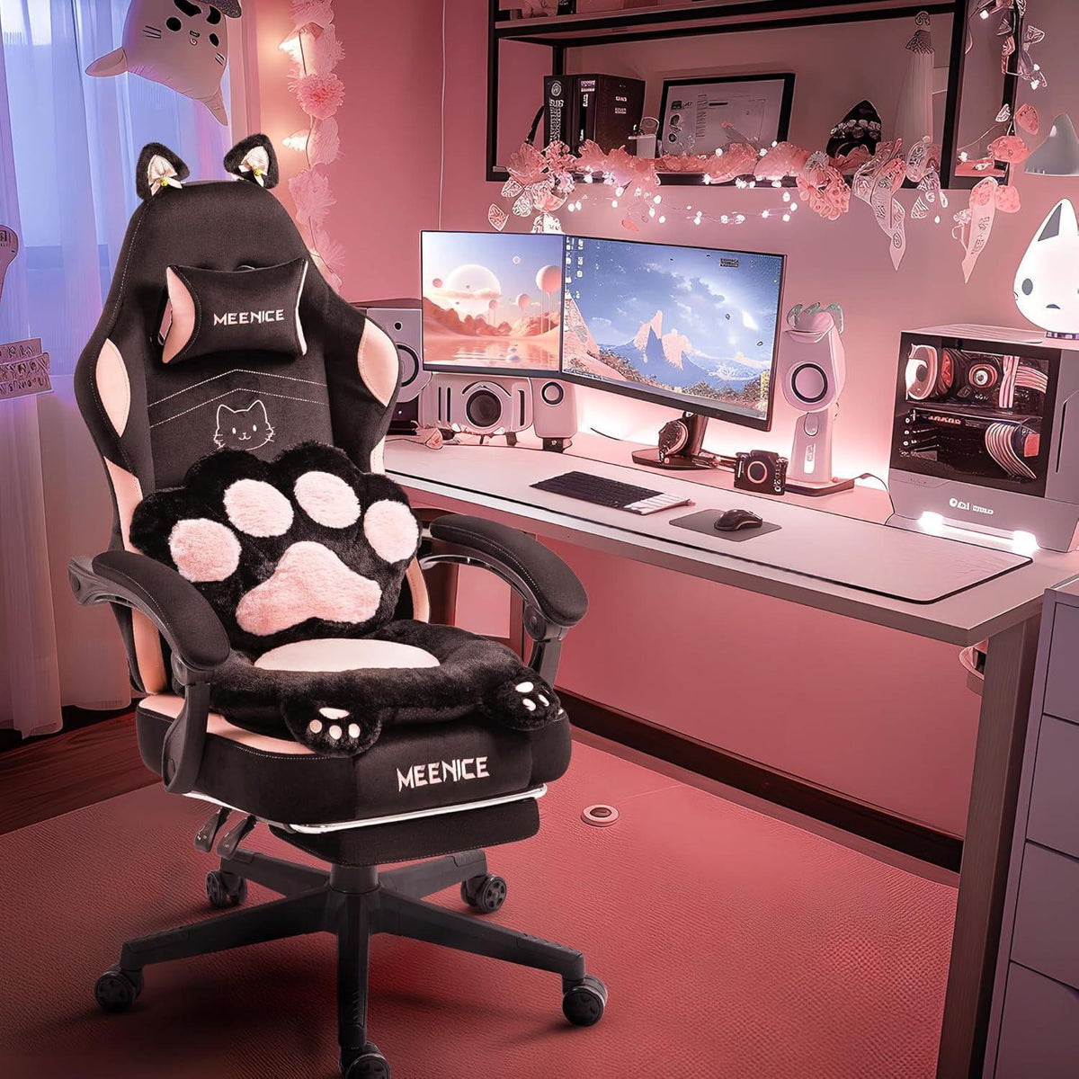 Gaming Stuhl mit Katzenohren und Fußstütze, Rosa