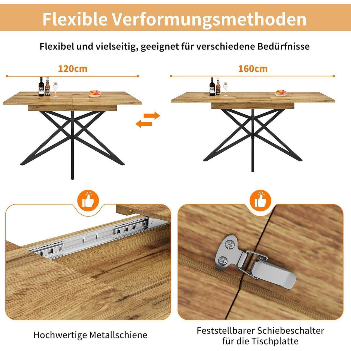 Ausziehbarer Esstisch Sternförmig Schwarz-Walnuss 120-160x80 cm