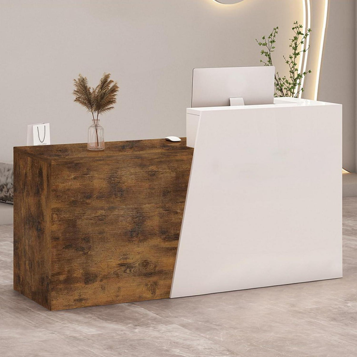 Empfangstheke mit Schublade – Weiß & Flamed Wood, 210cm