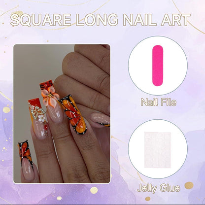 24 Press on Nägel Rot-Orange mit 3D Blumen & Schmetterlingen