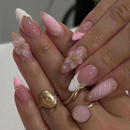 Pinke Mandel Press On Nägel mit Blumen & Goldperlen