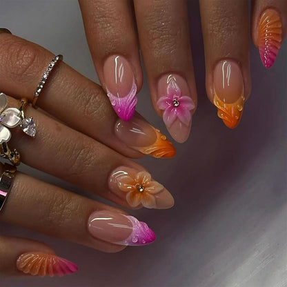 Press On Nägel Mandelform Bunte French Tips 3D Blumen Ocean Style
