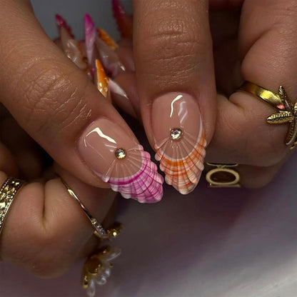 Press On Nägel Mandelform Bunte French Tips 3D Blumen Ocean Style