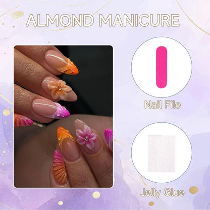 Press On Nägel Mandelform Bunte French Tips 3D Blumen Ocean Style
