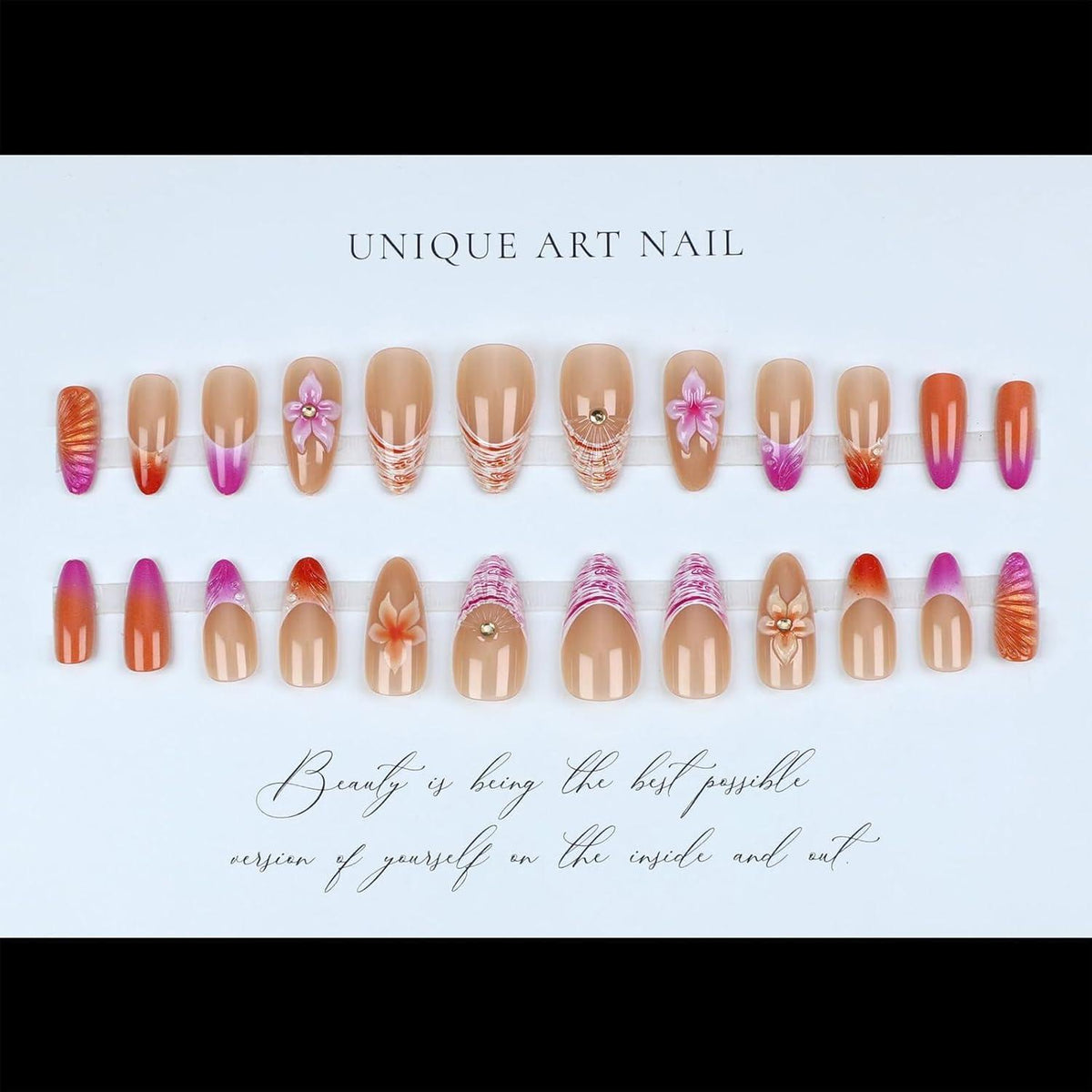 Press On Nägel Mandelform Bunte French Tips 3D Blumen Ocean Style