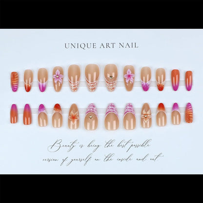 Press On Nägel Mandelform Bunte French Tips 3D Blumen Ocean Style