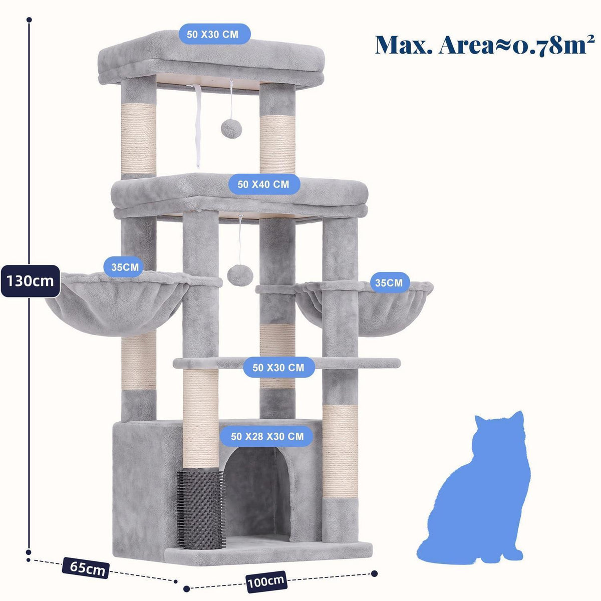 Kratzbaum für große Katzen – Stufen & 2 Körbe – Hellgrau