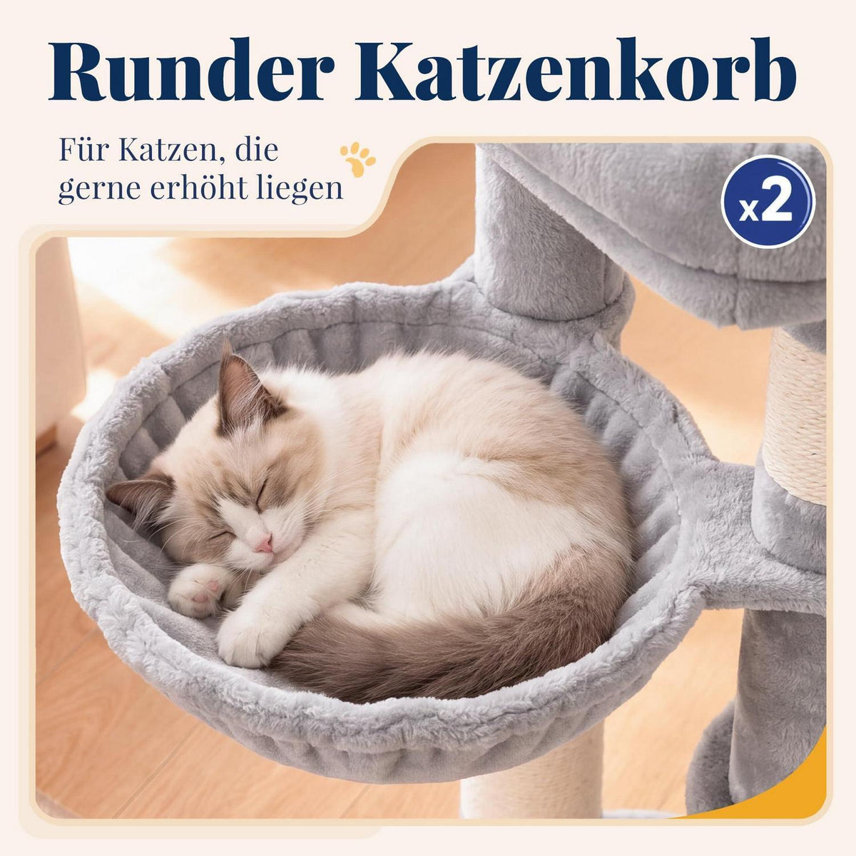 Kratzbaum für große Katzen – Stufen & 2 Körbe – Hellgrau