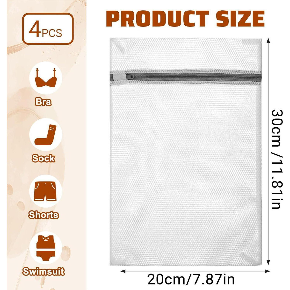4er-Set Wäschesäcke Netz Feinwäsche 30x20cm mit Reißverschluss