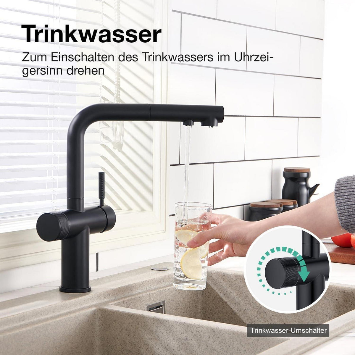3-Wege Küchenarmatur mit Brause, Schwarz, Ausziehbar