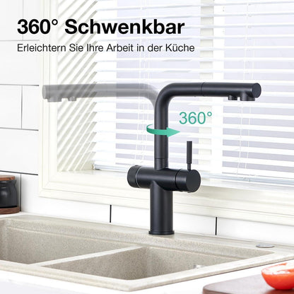 3-Wege Küchenarmatur mit Brause, Schwarz, Ausziehbar