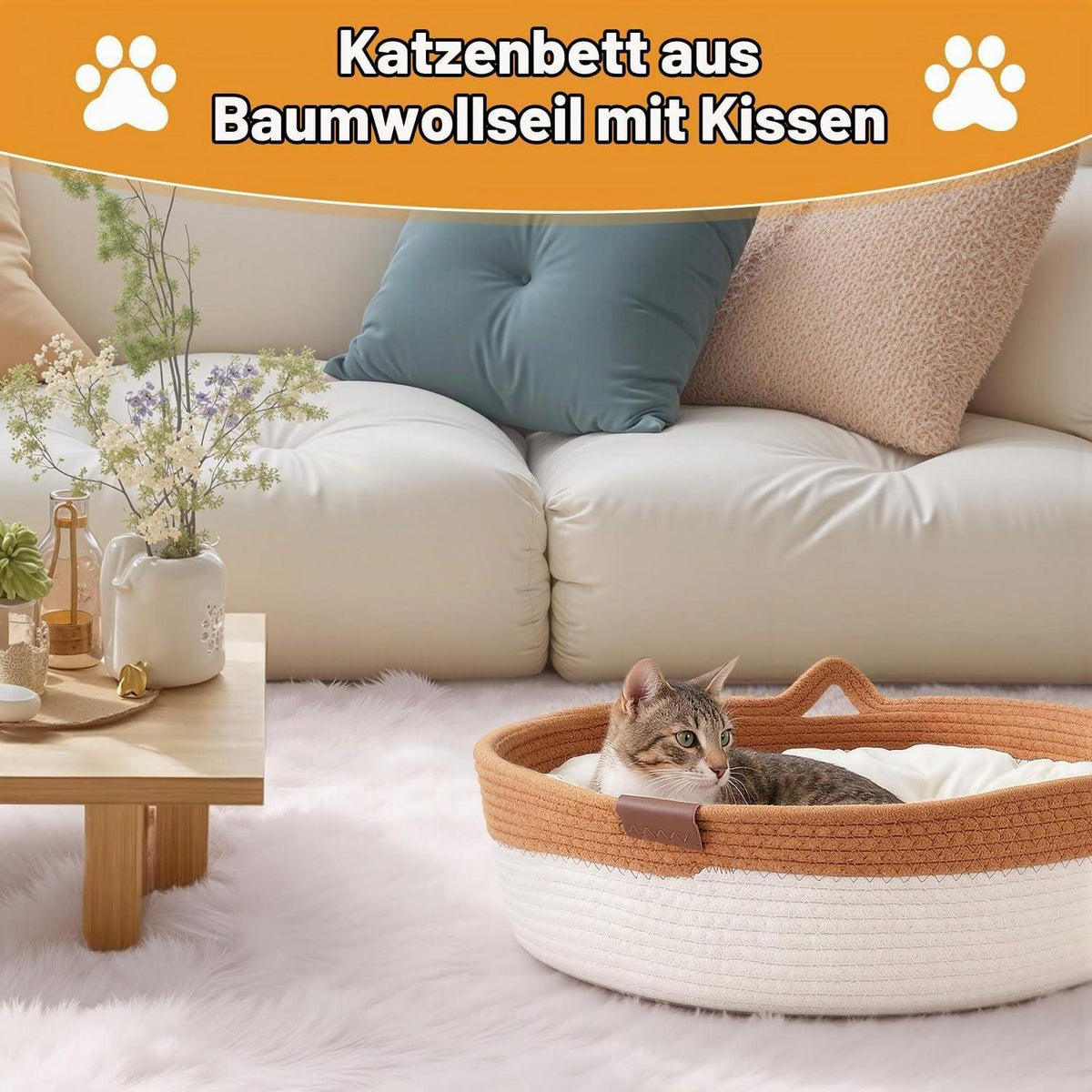 Katzenbett Baumwollseil mit Kissen – Groß & Modern