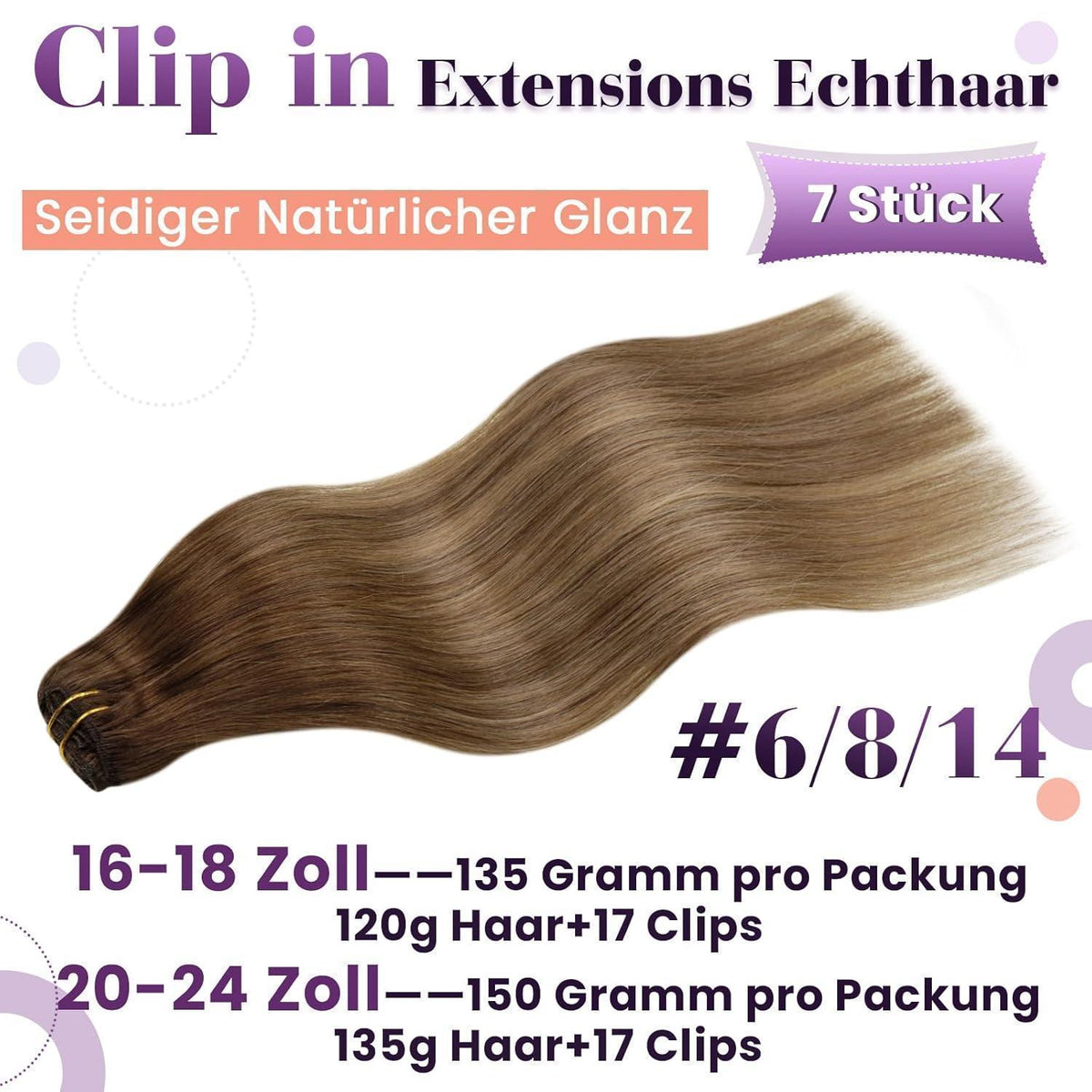 Echthaar Clip-Ins 60cm Hellbraun mit Highlights