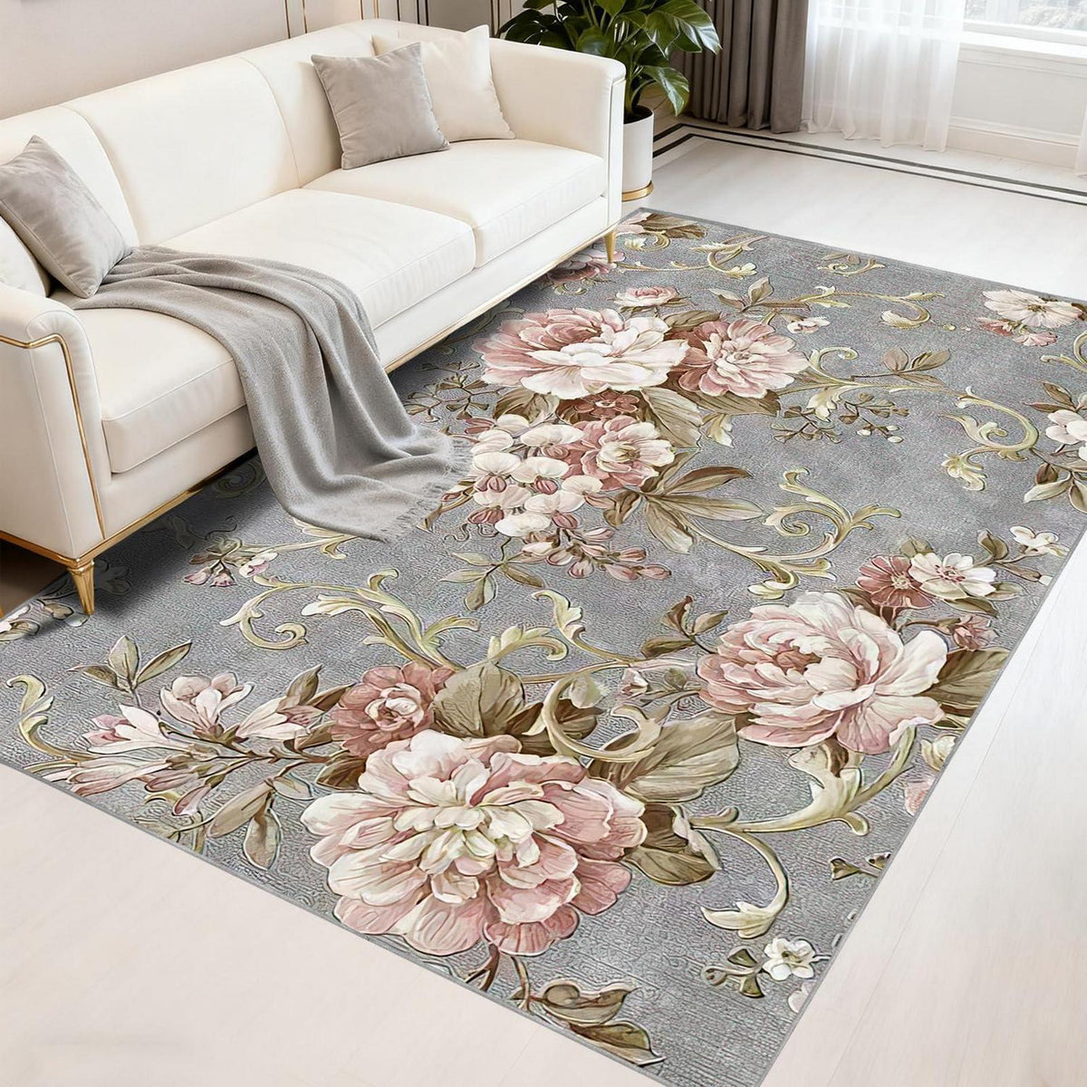 Waschbarer Kurzflor Teppich Vintage Blumen Grau-Rosa 140x210 cm