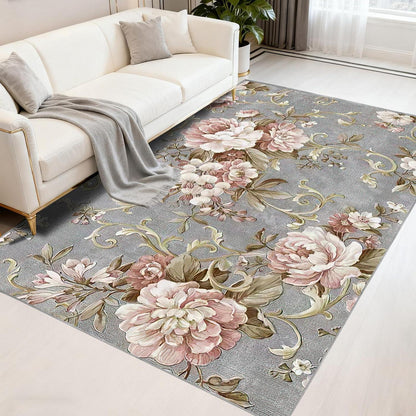 Waschbarer Kurzflor Teppich Vintage Blumen Grau-Rosa 140x210 cm