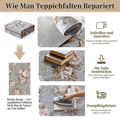 Waschbarer Kurzflor Teppich Vintage Blumen Grau-Rosa 140x210 cm