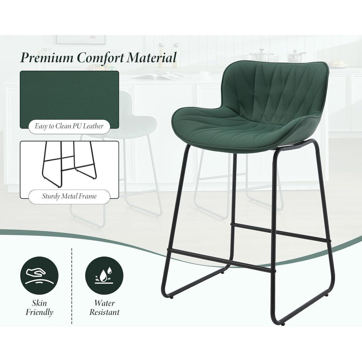 Moderner Barhocker 2er Set mit Steppdesign, Grün