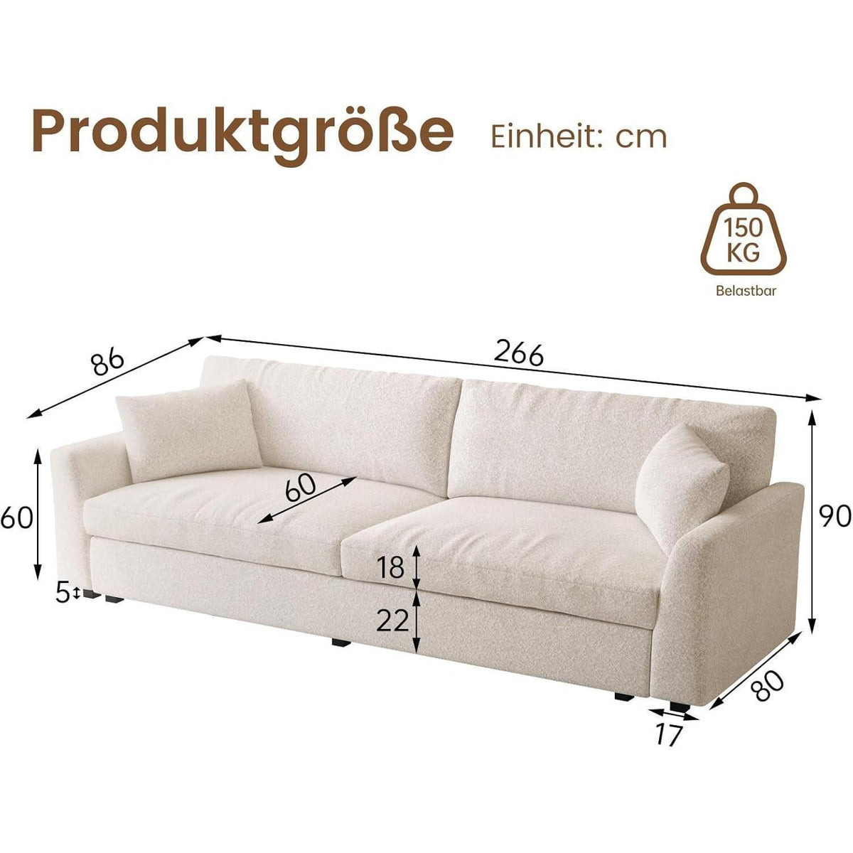 Beiges 2er Sofa – Modernes Wohnzimmer Sofa 266cm