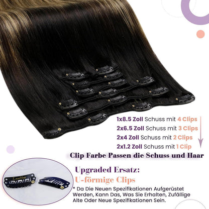 Echthaar Clip-In Extensions Balayage Schwarz Ombre Braun 55cm