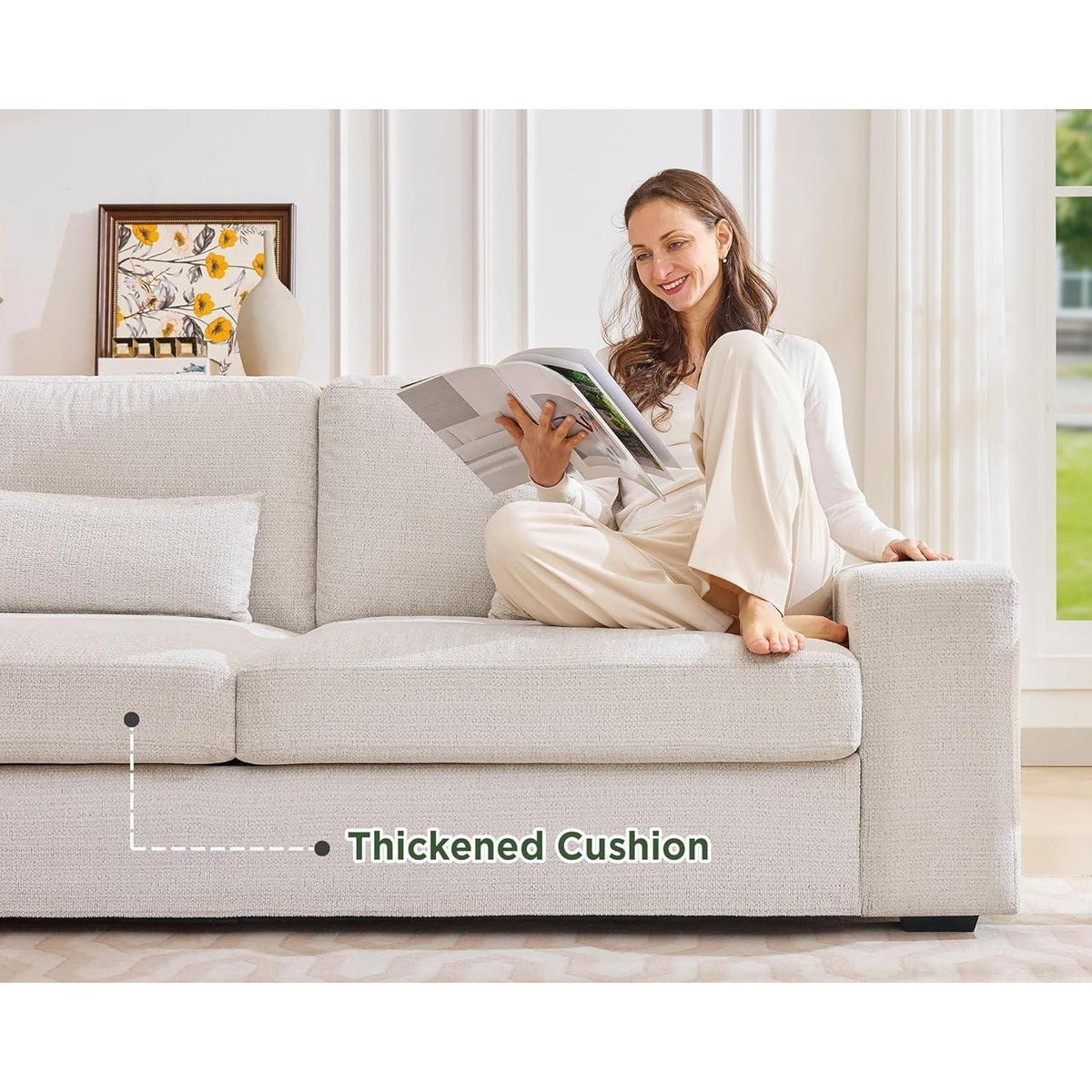 Modernes 3-Sitzer Sofa, Beige Chenille, 220 cm